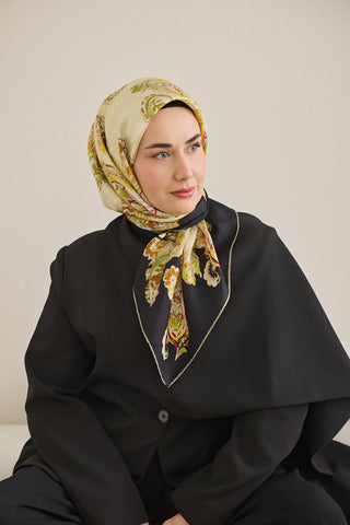 Twill İpek Eşarp Şal Desen Pastel Yeşil 90x90 - Twill İpek Eşarp - | Silk Home