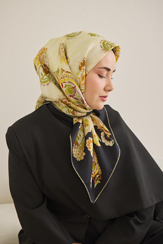 Twill İpek Eşarp Şal Desen Pastel Yeşil 90x90 - Twill İpek Eşarp - | Silk Home