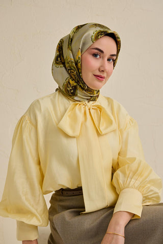 Twill İpek Eşarp Şal Desen Küf Yeşili 90x90 - Twill İpek Eşarp - | Silk Home