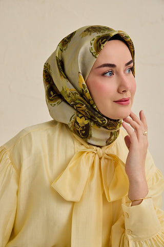 Twill İpek Eşarp Şal Desen Küf Yeşili 90x90 - Twill İpek Eşarp - | Silk Home