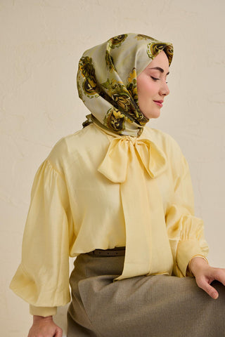 Twill İpek Eşarp Şal Desen Küf Yeşili 90x90 - Twill İpek Eşarp - | Silk Home