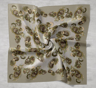 Twill İpek Eşarp Şal Desen Küf Yeşili 90x90 - Twill İpek Eşarp - | Silk Home