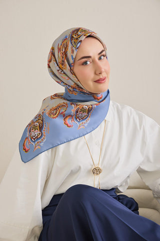 Twill İpek Eşarp Şal Desen Gök Mavi 90x90 - Twill İpek Eşarp - | Silk Home