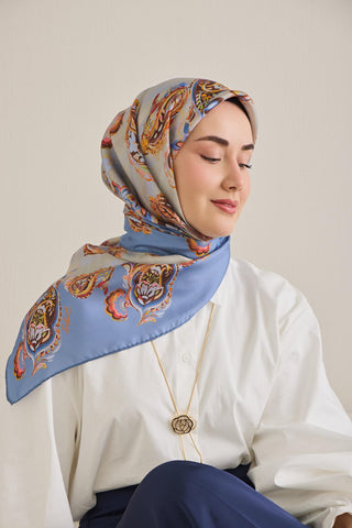 Twill İpek Eşarp Şal Desen Gök Mavi 90x90 - Twill İpek Eşarp - | Silk Home