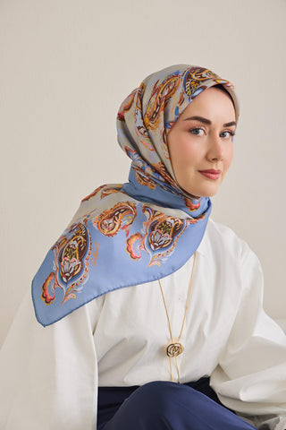 Twill İpek Eşarp Şal Desen Gök Mavi 90x90 - Twill İpek Eşarp - | Silk Home