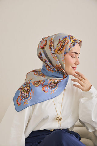 Twill İpek Eşarp Şal Desen Gök Mavi 90x90 - Twill İpek Eşarp - | Silk Home