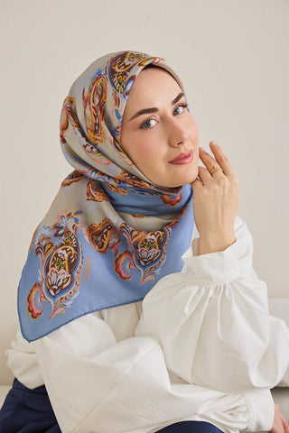 Twill İpek Eşarp Şal Desen Gök Mavi 90x90 - Twill İpek Eşarp - | Silk Home