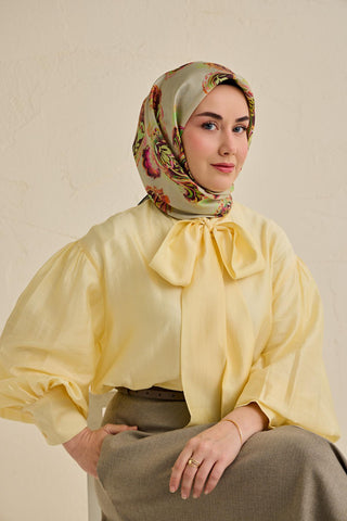 Twill İpek Eşarp Şal Desen Su Yeşili 90x90 - Twill İpek Eşarp - | Silk Home