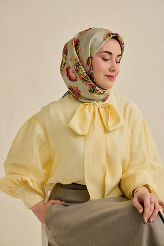 Twill İpek Eşarp Şal Desen Su Yeşili 90x90 - Twill İpek Eşarp - | Silk Home