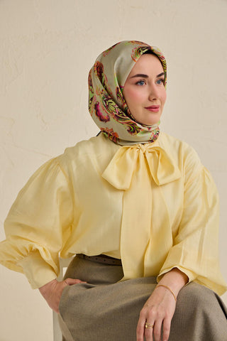 Twill İpek Eşarp Şal Desen Su Yeşili 90x90 - Twill İpek Eşarp - | Silk Home