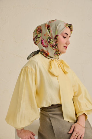 Twill İpek Eşarp Şal Desen Su Yeşili 90x90 - Twill İpek Eşarp - | Silk Home