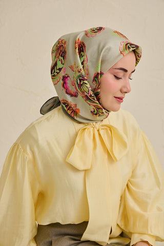 Twill İpek Eşarp Şal Desen Su Yeşili 90x90 - Twill İpek Eşarp - | Silk Home
