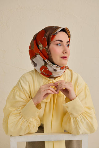 Twill İpek Eşarp Kemer Desen Kahverengi 90x90 - Twill İpek Eşarp - | Silk Home