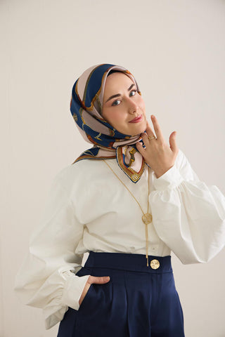 Twill Silk Scarf, Navy Blue, Green Tones, Patterned, Firm Structure, 90x90 cm.