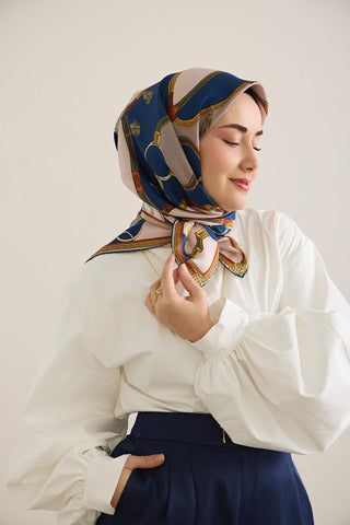 Twill Silk Scarf, Navy Blue, Green Tones, Patterned, Firm Structure, 90x90 cm.