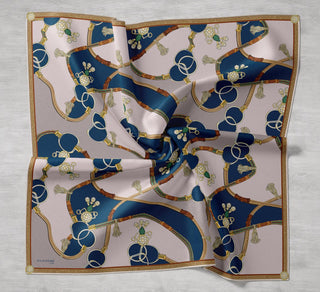 Twill Silk Scarf, Navy Blue, Green Tones, Patterned, Firm Structure, 90x90 cm.