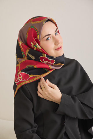 Twill Silk Scarf, Navy Blue, Green Tones, Patterned, Firm Structure, 90x90 cm.