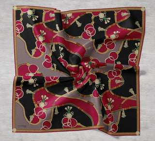 Twill Silk Scarf, Navy Blue, Green Tones, Patterned, Firm Structure, 90x90 cm.