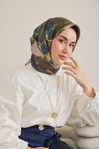 Twill İpek Eşarp Kemer Desen Indigo-Yeşil 90x90 - Twill İpek Eşarp - | Silk Home