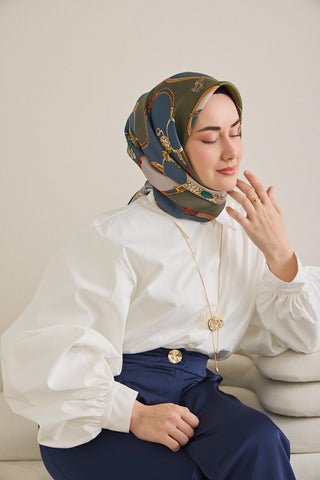 Twill İpek Eşarp Kemer Desen Indigo-Yeşil 90x90 - Twill İpek Eşarp - | Silk Home
