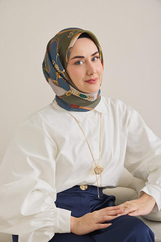Twill İpek Eşarp Kemer Desen Indigo-Yeşil 90x90 - Twill İpek Eşarp - | Silk Home