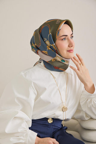 Twill İpek Eşarp Kemer Desen Indigo-Yeşil 90x90 - Twill İpek Eşarp - | Silk Home