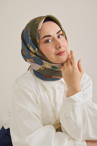 Twill İpek Eşarp Kemer Desen Indigo-Yeşil 90x90 - Twill İpek Eşarp - | Silk Home