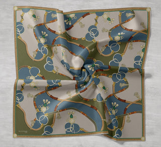 Twill İpek Eşarp Kemer Desen Indigo-Yeşil 90x90 - Twill İpek Eşarp - | Silk Home