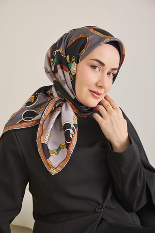 Twill İpek Eşarp Kemer Desen Antrasit 90x90 - Twill İpek Eşarp - | Silk Home