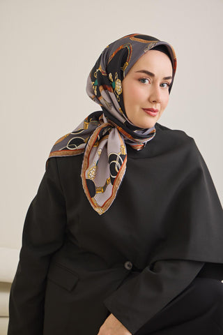 Twill İpek Eşarp Kemer Desen Antrasit 90x90 - Twill İpek Eşarp - | Silk Home