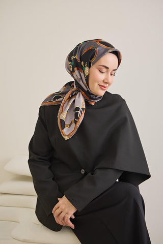 Twill İpek Eşarp Kemer Desen Antrasit 90x90 - Twill İpek Eşarp - | Silk Home
