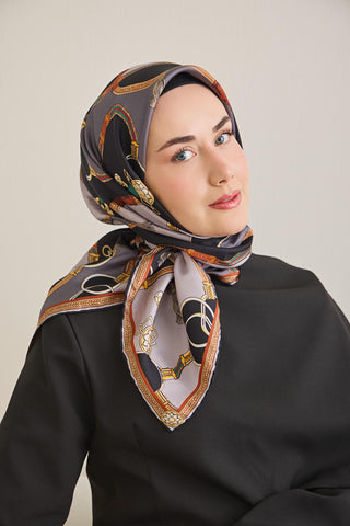 Twill İpek Eşarp Kemer Desen Antrasit 90x90 - Twill İpek Eşarp - | Silk Home