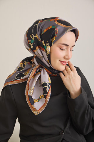 Twill İpek Eşarp Kemer Desen Antrasit 90x90 - Twill İpek Eşarp - | Silk Home