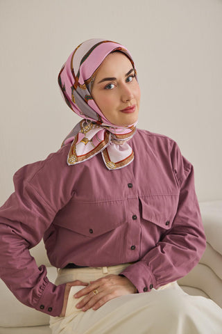 Twill İpek Eşarp Kemer Desen Pembe 90x90 - Twill İpek Eşarp - | Silk Home
