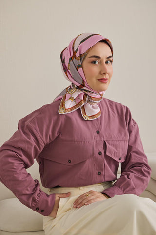 Twill İpek Eşarp Kemer Desen Pembe 90x90 - Twill İpek Eşarp - | Silk Home