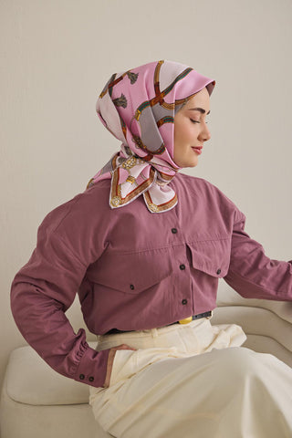 Twill İpek Eşarp Kemer Desen Pembe 90x90 - Twill İpek Eşarp - | Silk Home