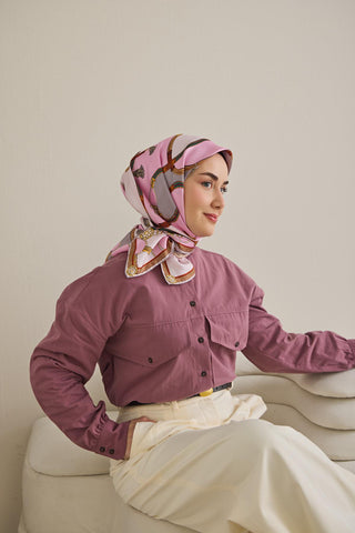 Twill İpek Eşarp Kemer Desen Pembe 90x90 - Twill İpek Eşarp - | Silk Home