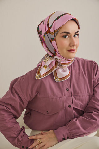 Twill İpek Eşarp Kemer Desen Pembe 90x90 - Twill İpek Eşarp - | Silk Home