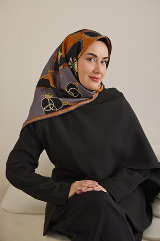 Twill İpek Eşarp Kemer Desen Füme 90x90 - Twill İpek Eşarp - | Silk Home