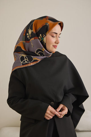 Twill İpek Eşarp Kemer Desen Füme 90x90 - Twill İpek Eşarp - | Silk Home