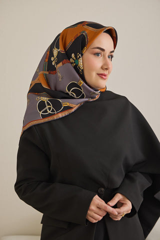 Twill İpek Eşarp Kemer Desen Füme 90x90 - Twill İpek Eşarp - | Silk Home