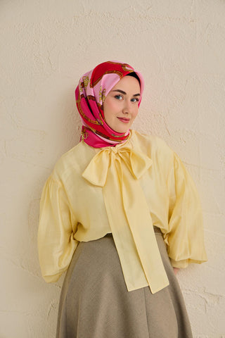 Twill İpek Eşarp Kemer Desen Fuşya 90x90 - Twill İpek Eşarp - | Silk Home