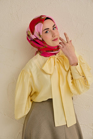 Twill İpek Eşarp Kemer Desen Fuşya 90x90 - Twill İpek Eşarp - | Silk Home