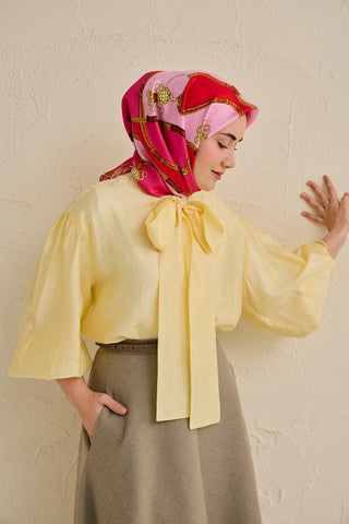 Twill İpek Eşarp Kemer Desen Fuşya 90x90 - Twill İpek Eşarp - | Silk Home