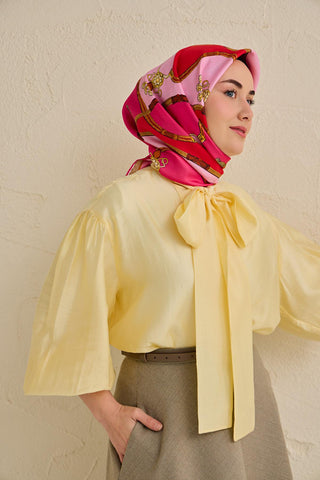 Twill İpek Eşarp Kemer Desen Fuşya 90x90 - Twill İpek Eşarp - | Silk Home
