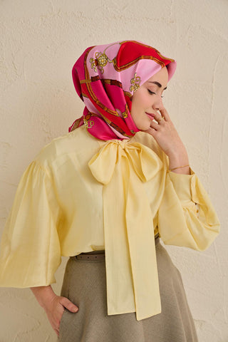 Twill İpek Eşarp Kemer Desen Fuşya 90x90 - Twill İpek Eşarp - | Silk Home