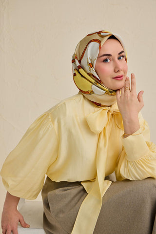 Twill İpek Eşarp Kemer Desen Sarı 90x90 - Twill İpek Eşarp - | Silk Home