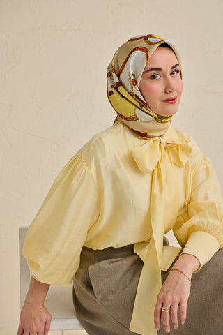 Twill İpek Eşarp Kemer Desen Sarı 90x90 - Twill İpek Eşarp - | Silk Home