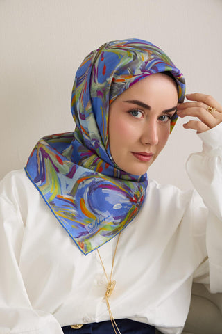 Twill İpek Eşarp Floral Art Desen Su Yeşili 90x90 - Twill İpek Eşarp - | Silk Home
