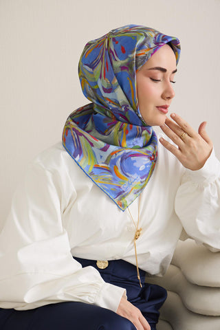 Twill İpek Eşarp Floral Art Desen Su Yeşili 90x90 - Twill İpek Eşarp - | Silk Home